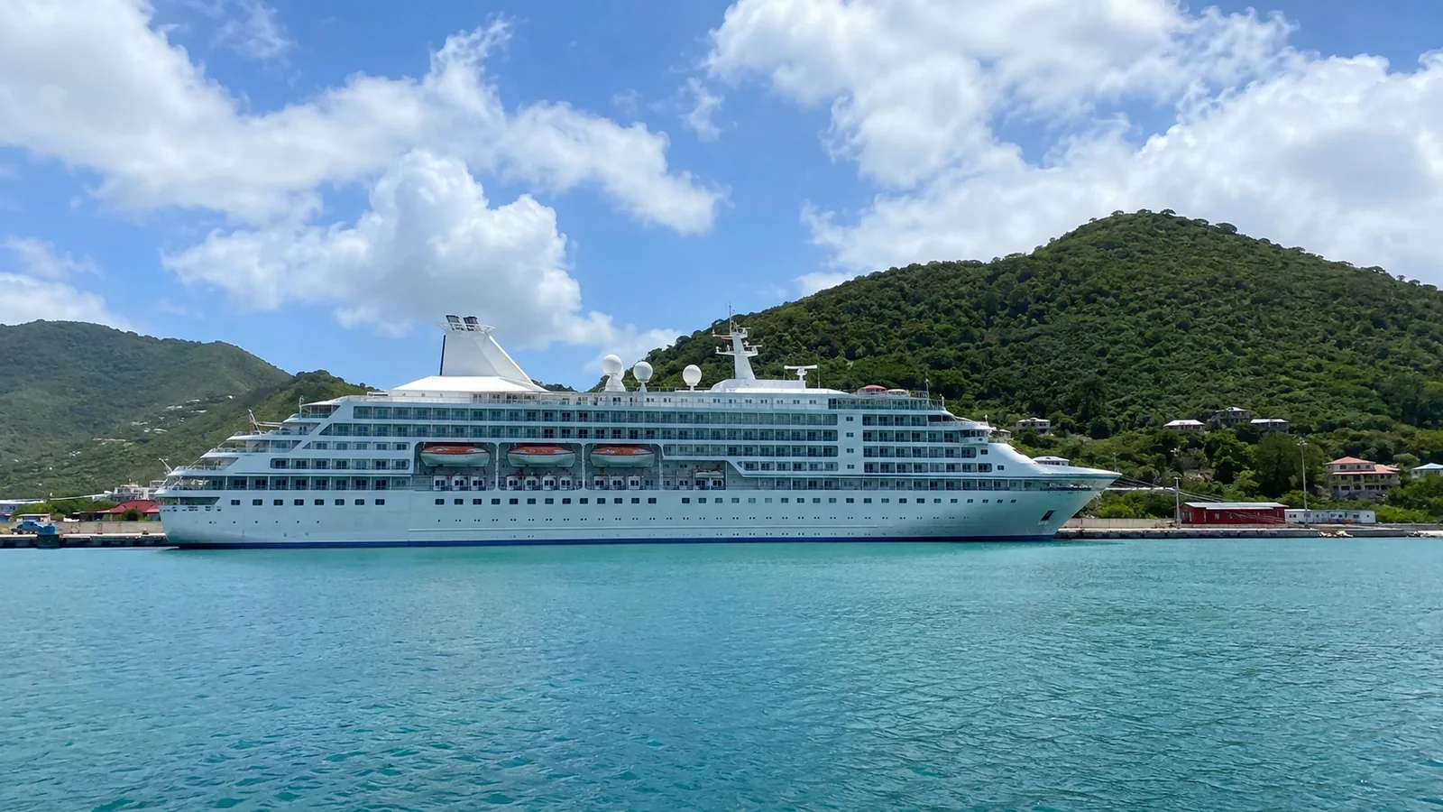 White cruise ship anchored near a lush green island.