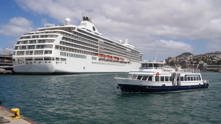 Passenger ferry passing a large cruise ship in a busy harbor.