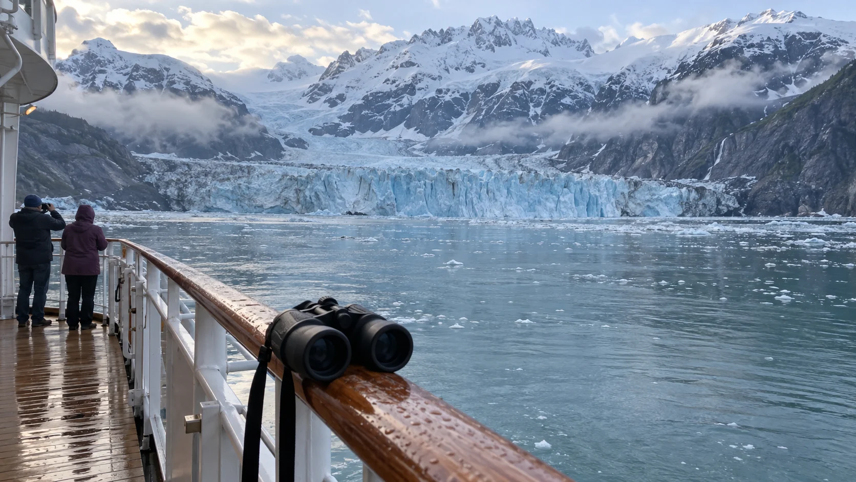 Alaska cruise passengers viewing a tidewater glacier from an open deck