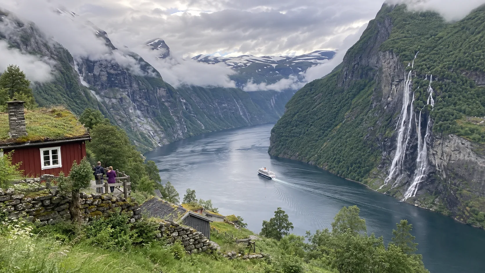 Cruise ship sailing beneath waterfalls in a steep Norwegian fjord