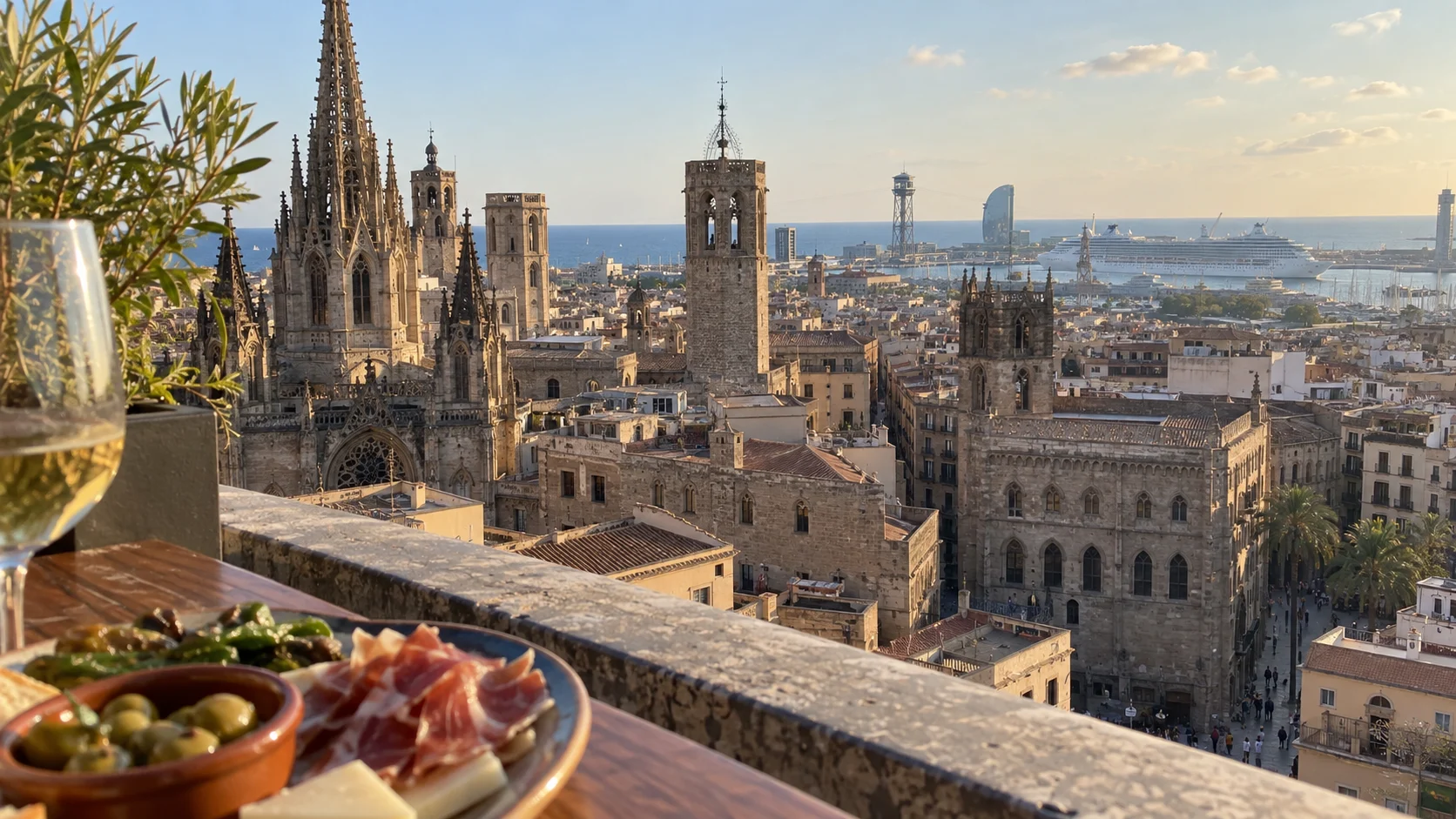 Barcelona rooftops, tapas, and a cruise ship on the Western Mediterranean coast