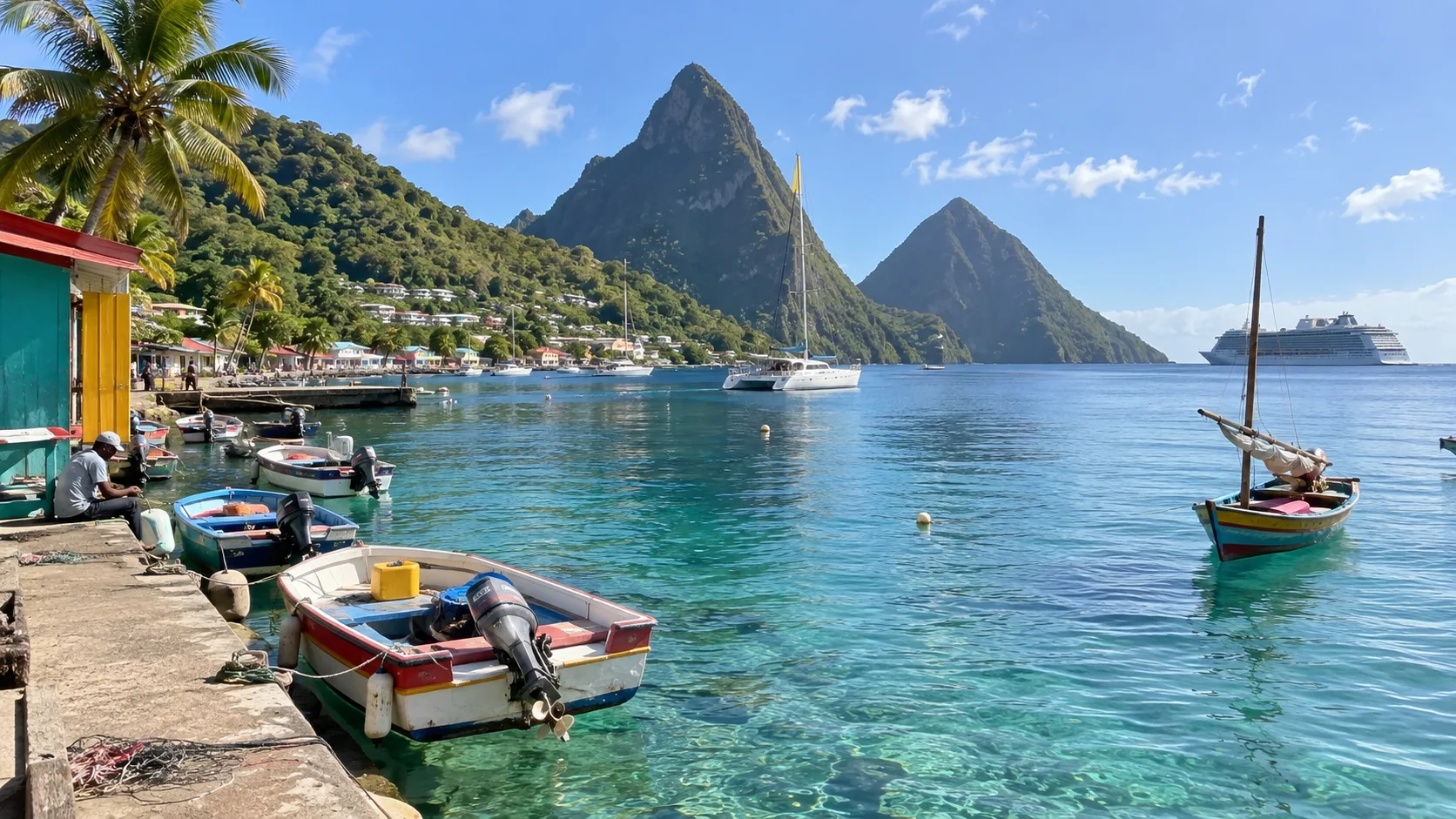 Colorful Caribbean harbor beneath Saint Lucia's Pitons with a cruise ship offshore