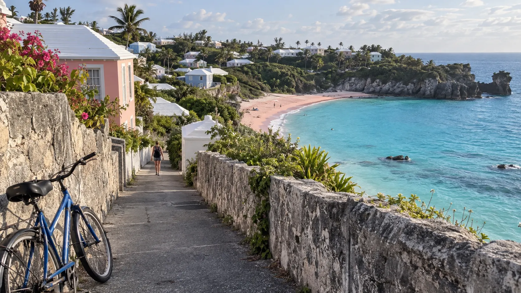 Bicycle path descending toward a pink-sand Bermuda beach and turquoise water