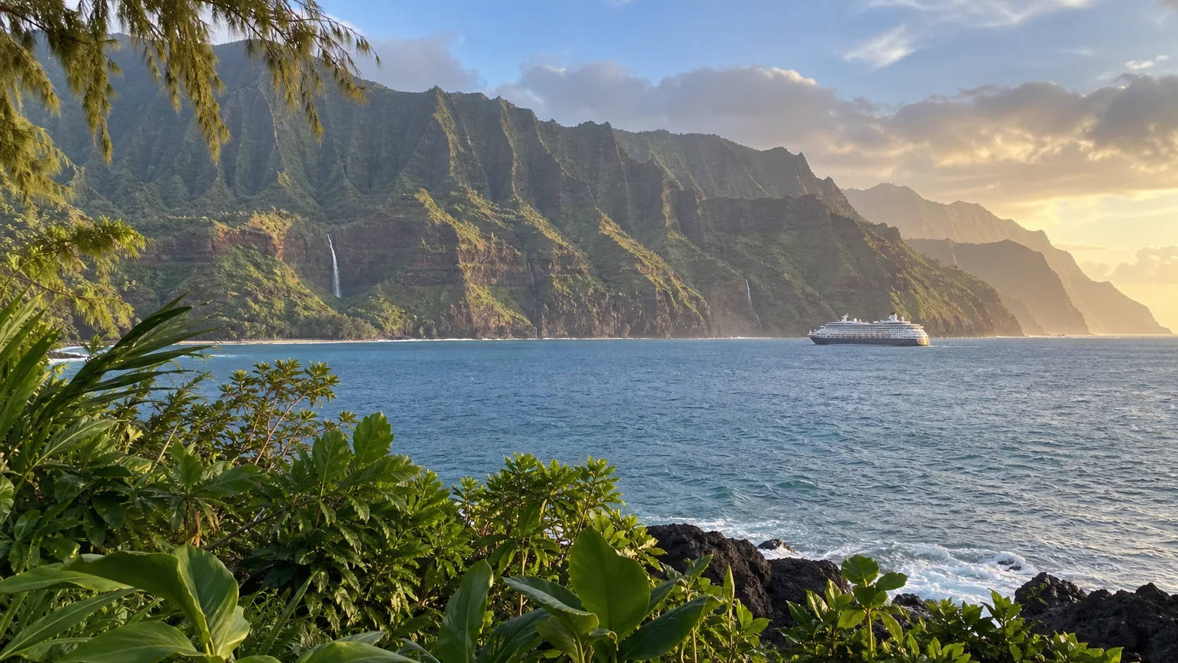 Cruise ship sailing past Kauai's lush Na Pali Coast at golden hour