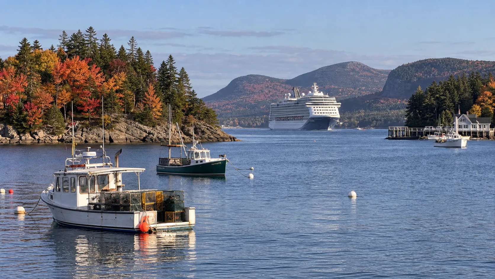Cruise ship arriving in a New England harbor framed by autumn foliage and lobster boats