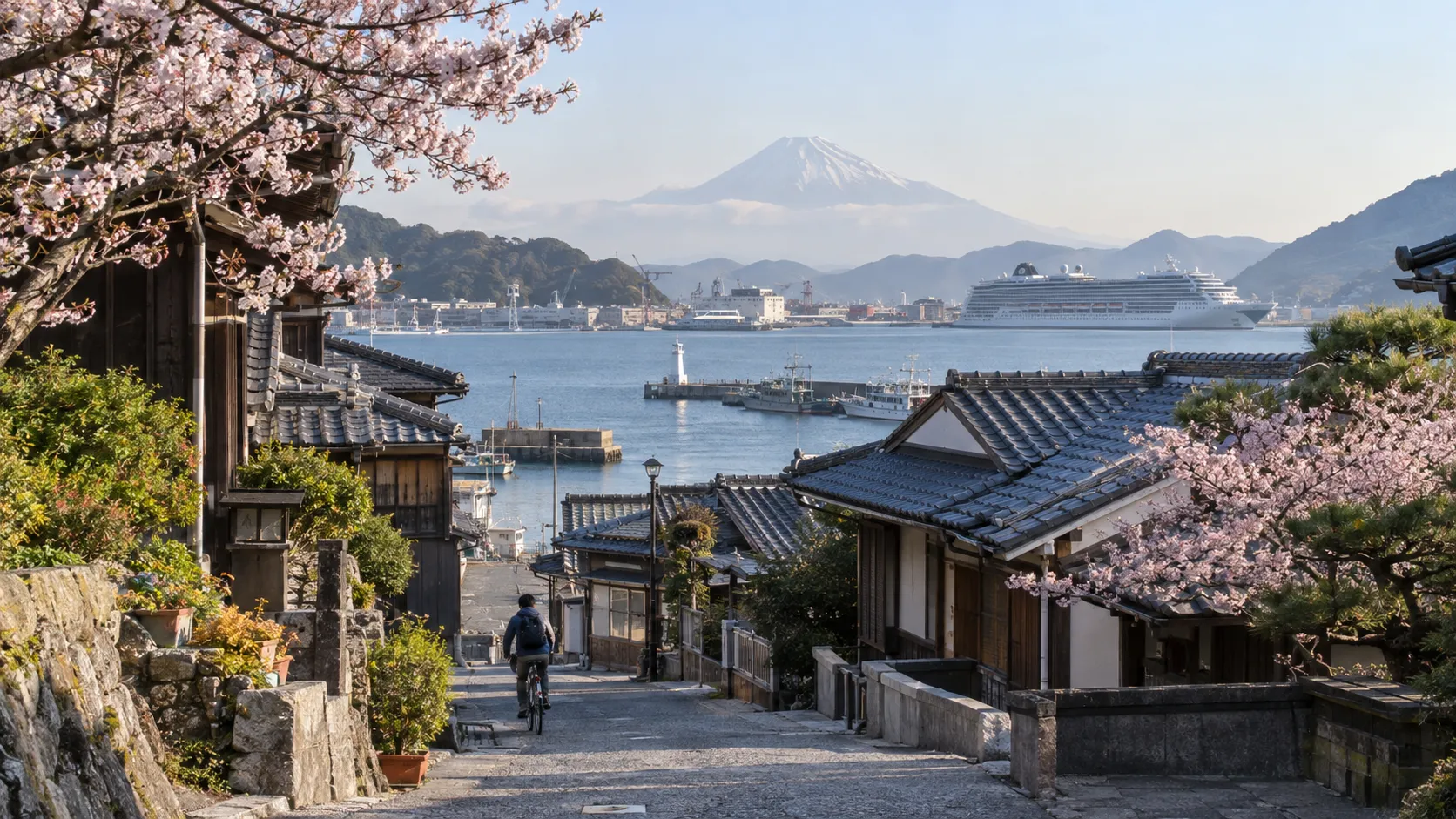 Japanese port town with cherry blossoms, Mount Fuji, and a cruise ship
