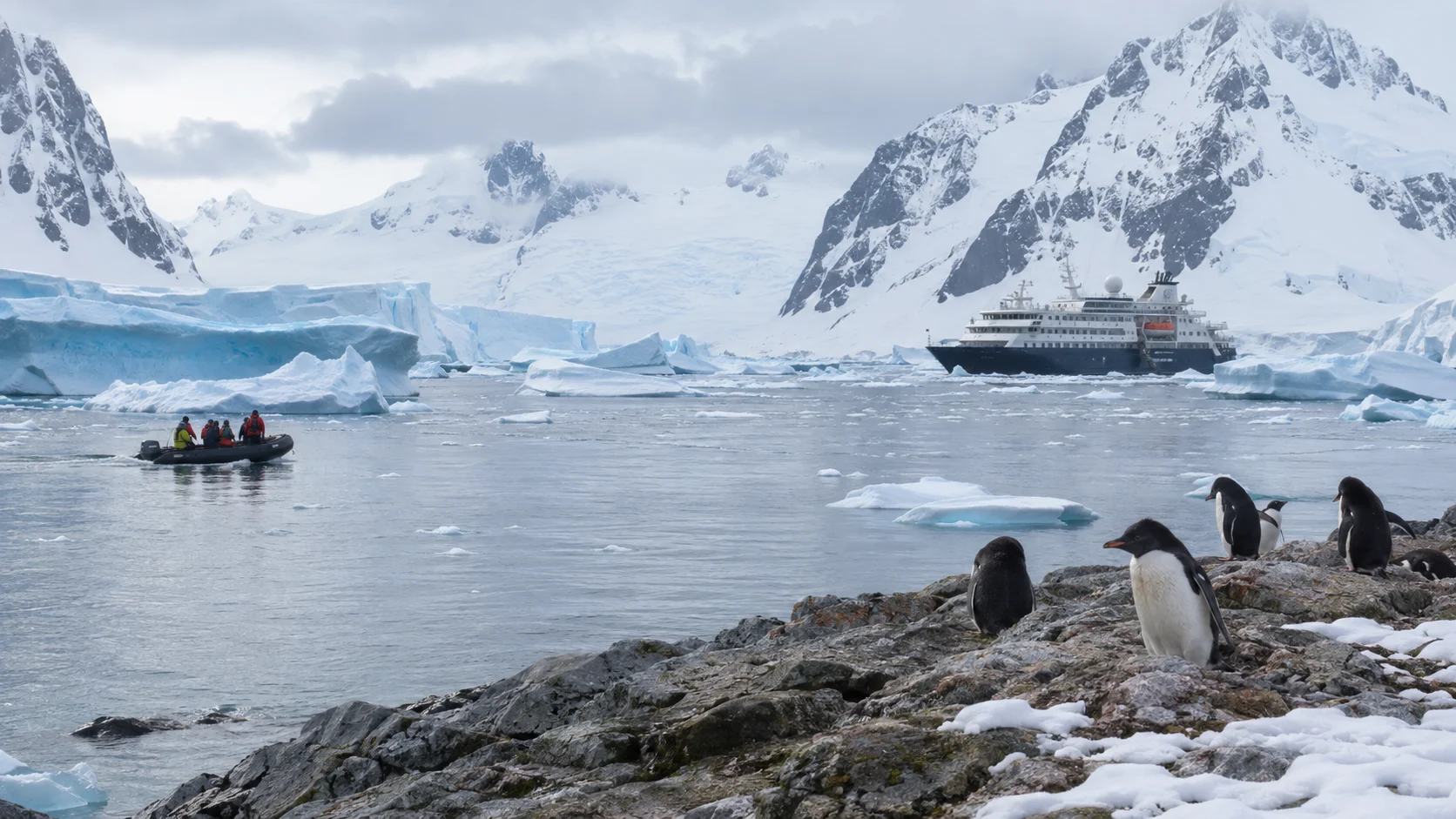 Expedition cruise ship, Zodiac boat, and penguins among Antarctic icebergs