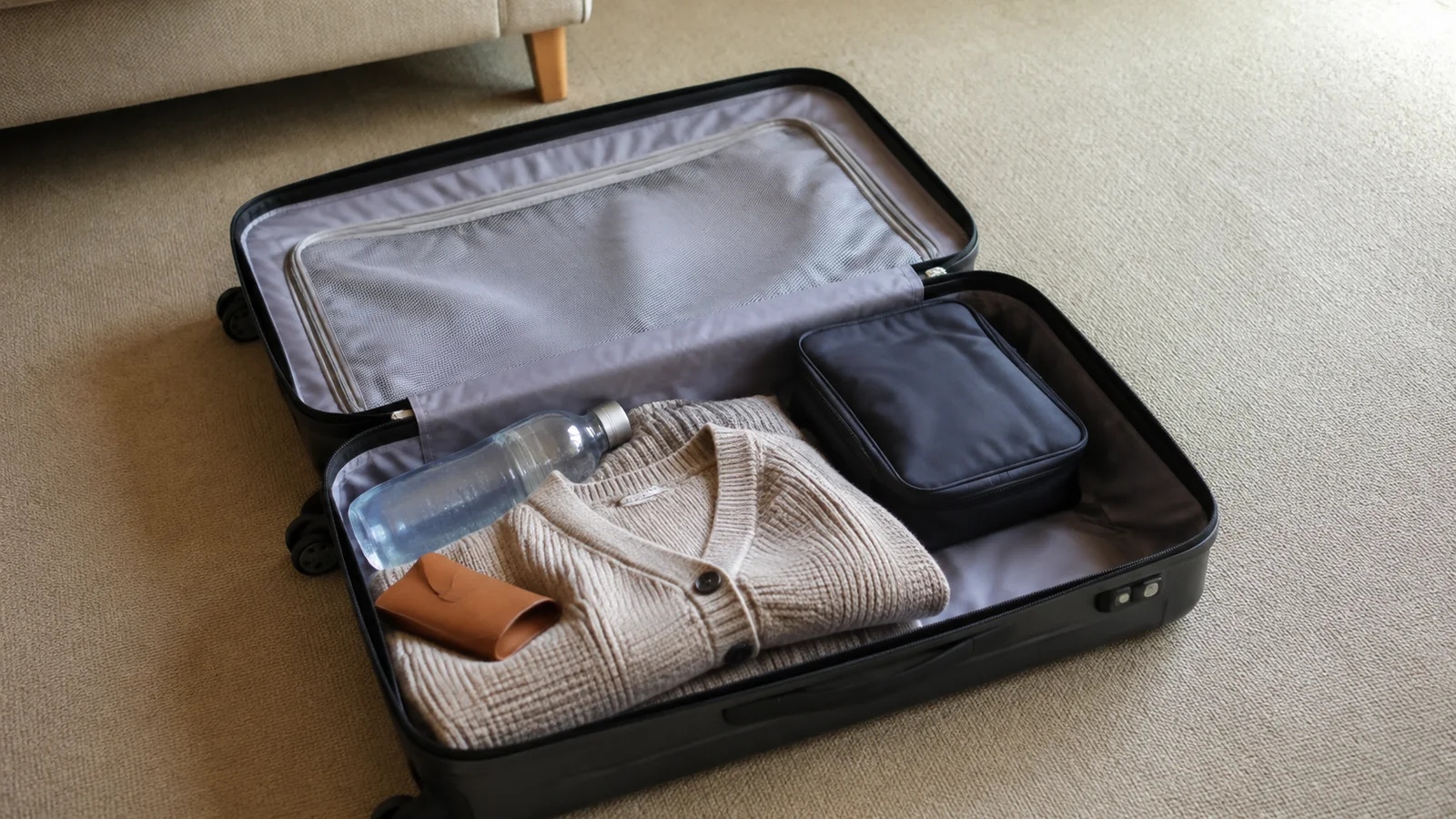 Open suitcase contains folded clothing, a water bottle, and a zippered pouch.