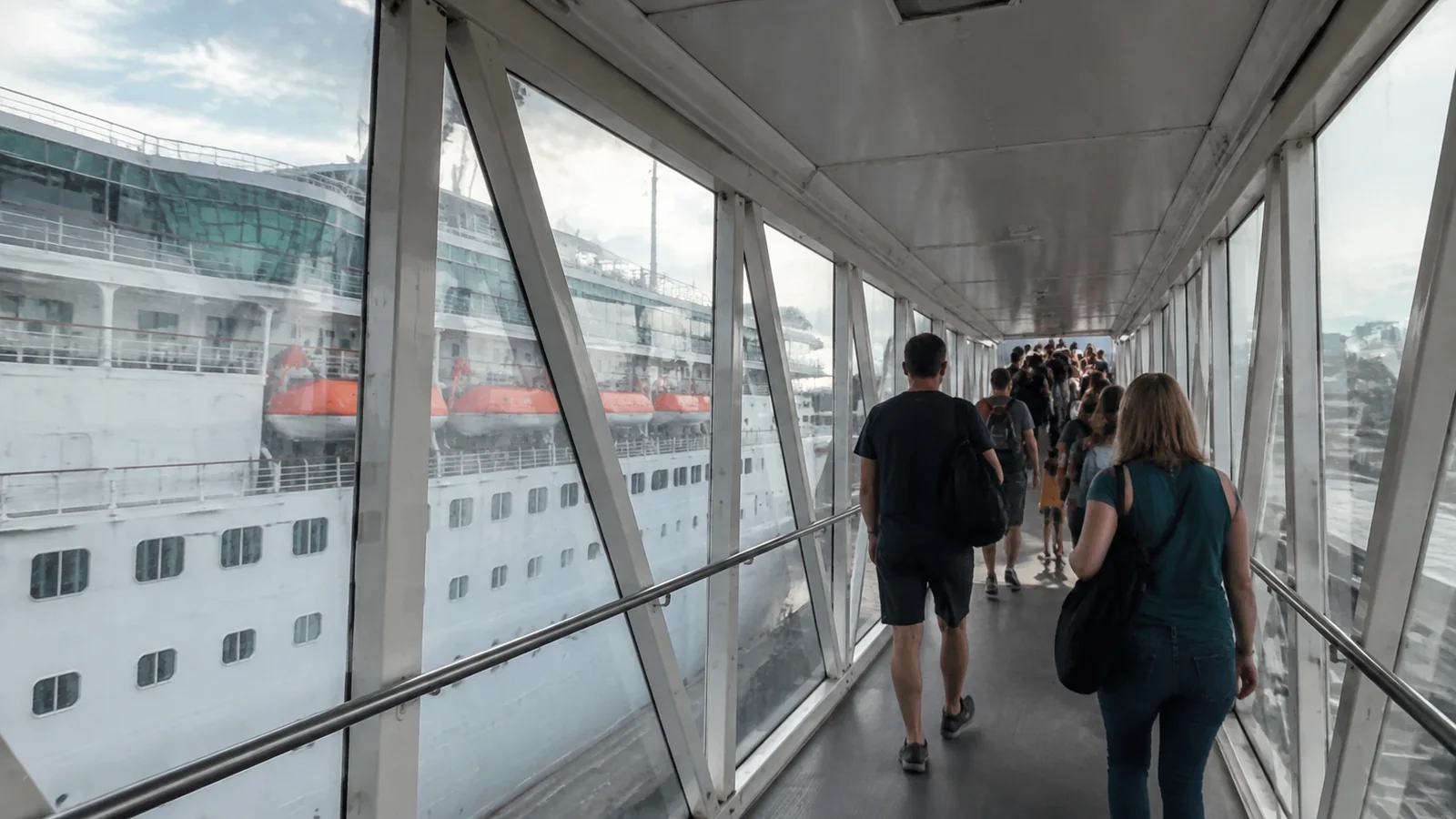 Passengers walk through an enclosed gangway beside a cruise ship.