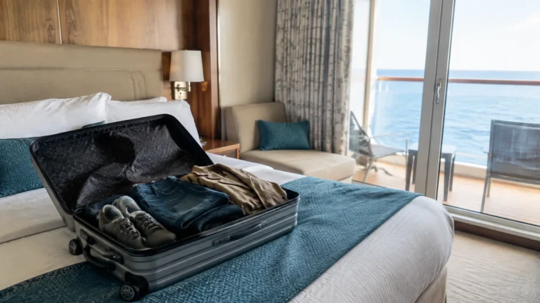 Open suitcase of clothing on a cruise stateroom bed beside a balcony.