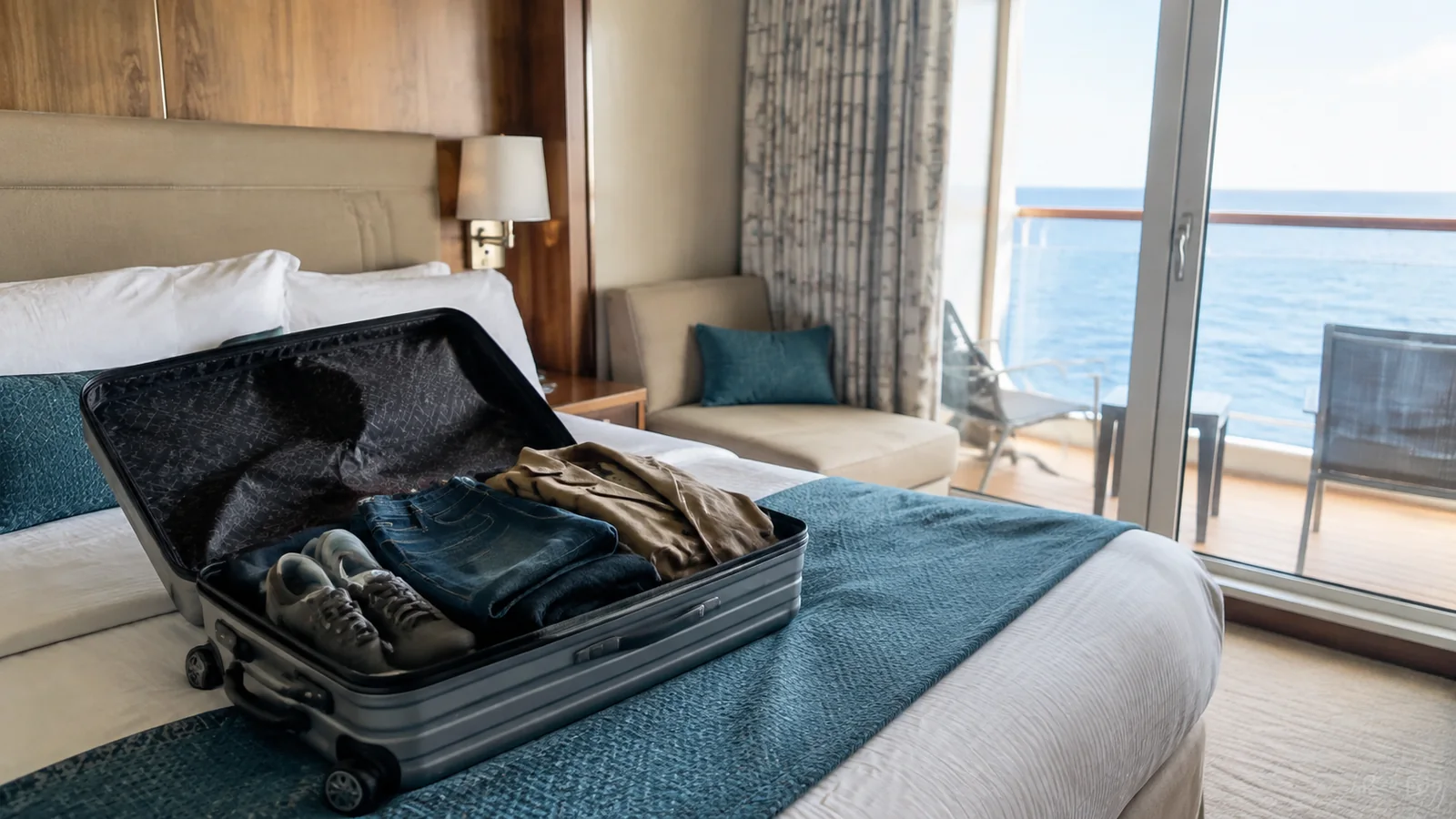 Open suitcase of clothing on a cruise stateroom bed beside a balcony.