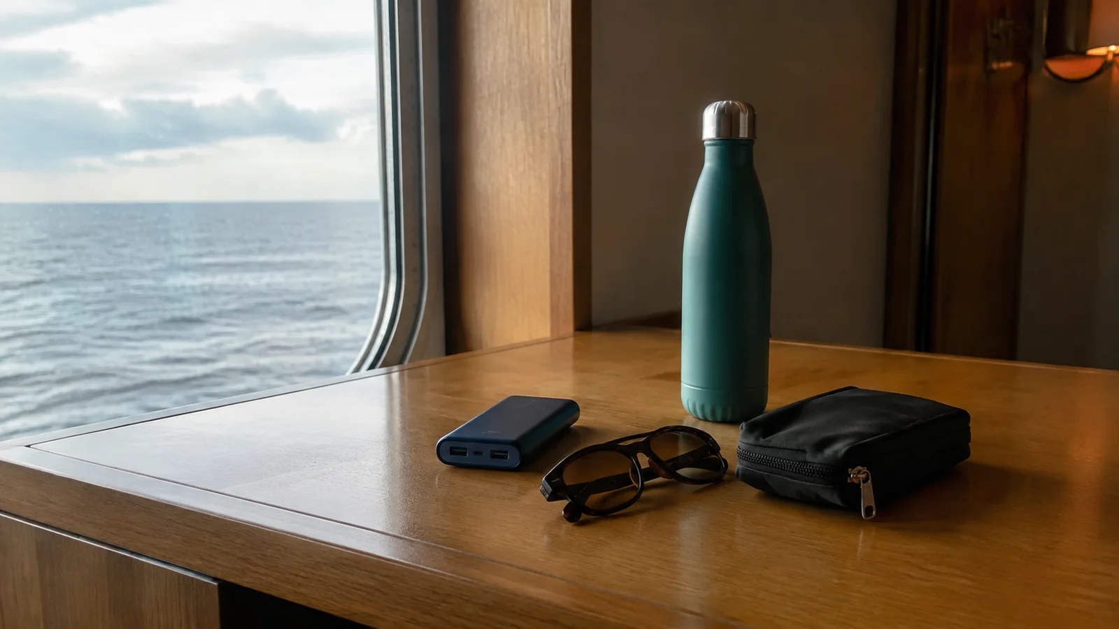 Water bottle, power bank, glasses, and pouch on a ship desk.