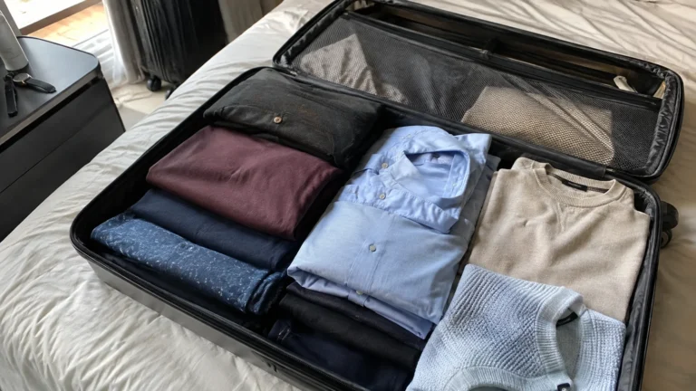 Folded shirts and trousers arranged neatly in a suitcase.
