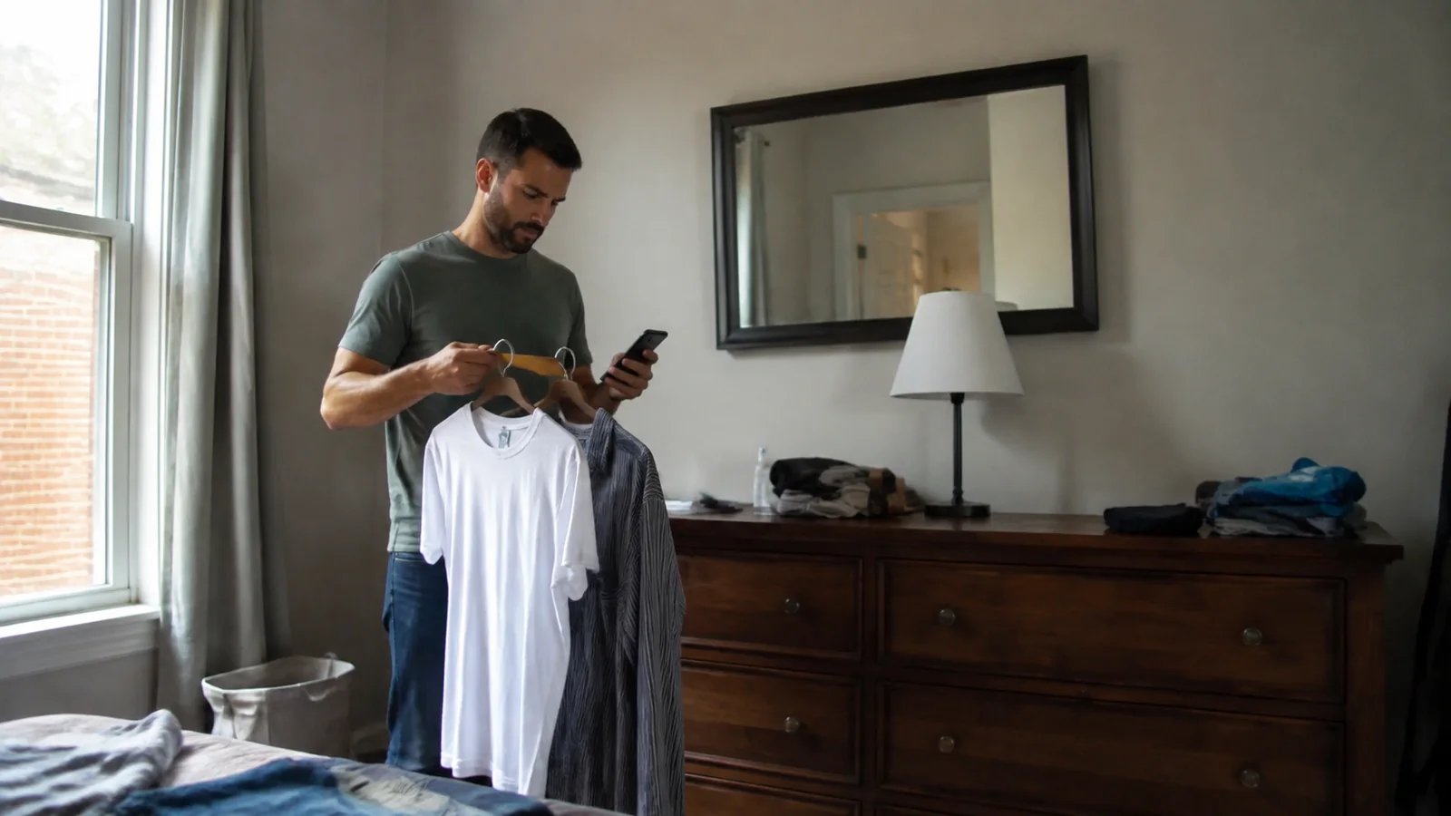 Man comparing a shirt on a hanger with information on his phone.