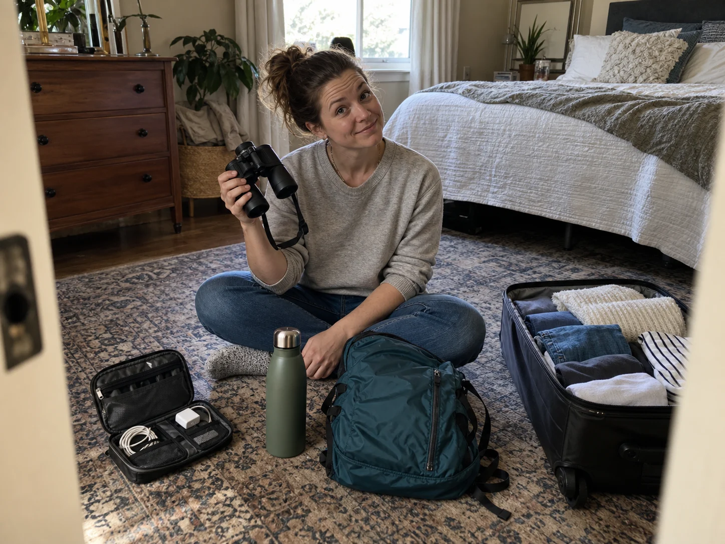 Woman considering several practical cruise gifts beside a small suitcase