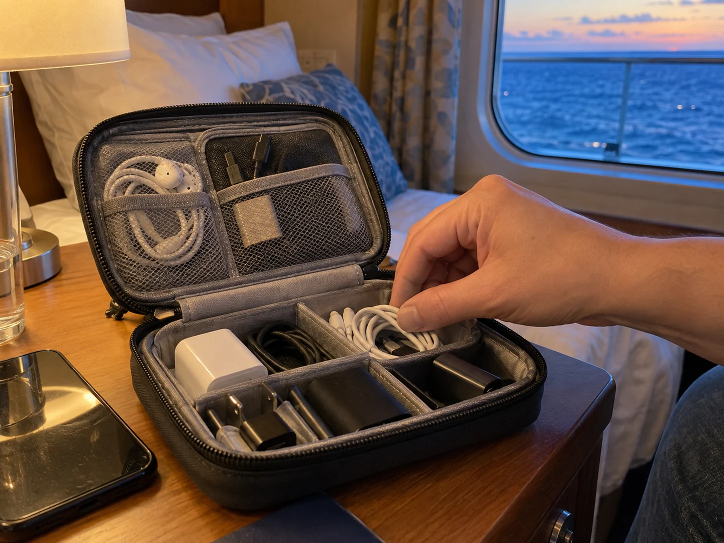 Compact cable pouch filled with neatly coiled travel charging cords