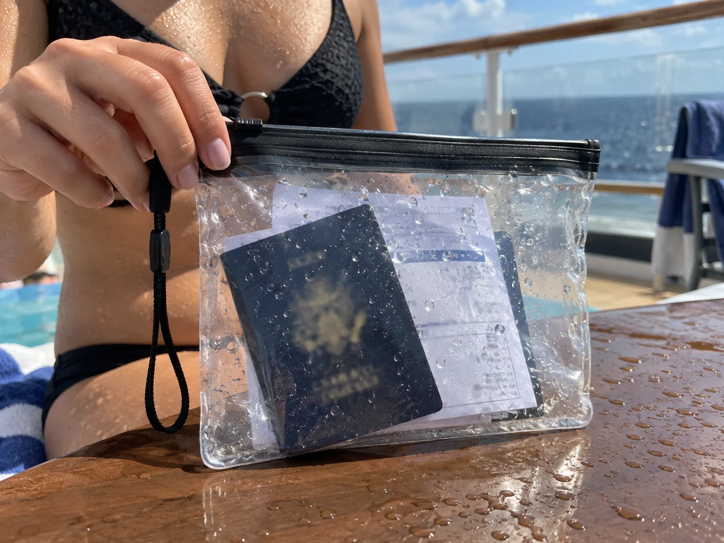 Waterproof document pouch protecting a passport and cruise papers near a pool