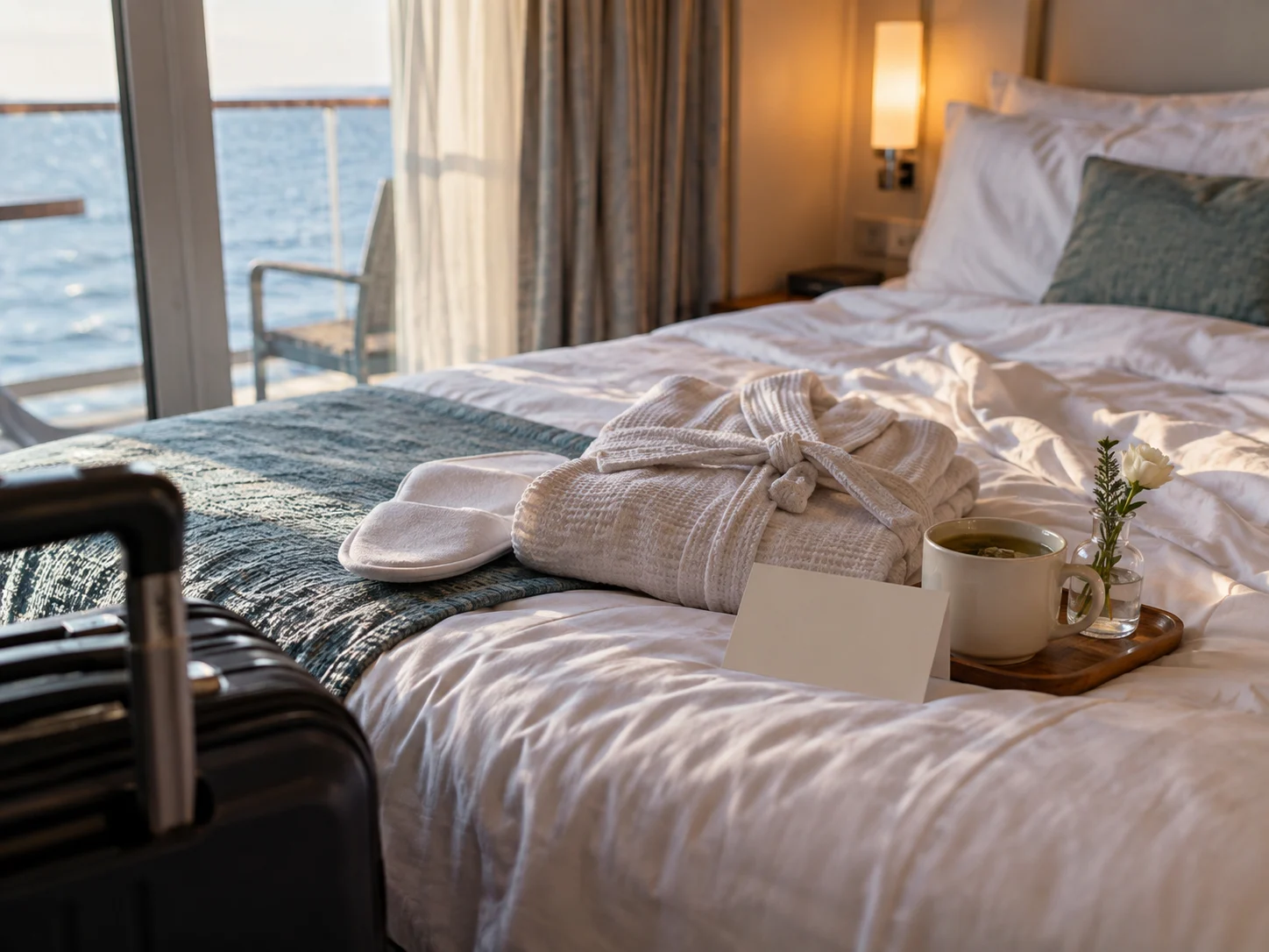Folded robe, slippers, tea, and an unbranded spa voucher in a cruise cabin