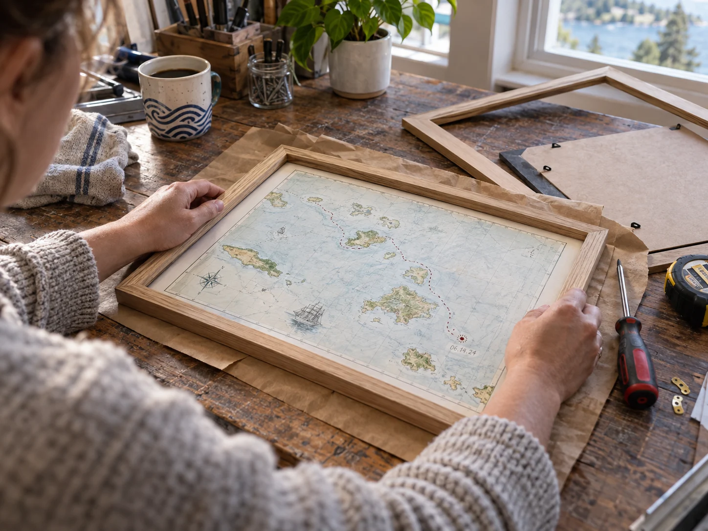 Custom cruise route map being framed as a travel keepsake