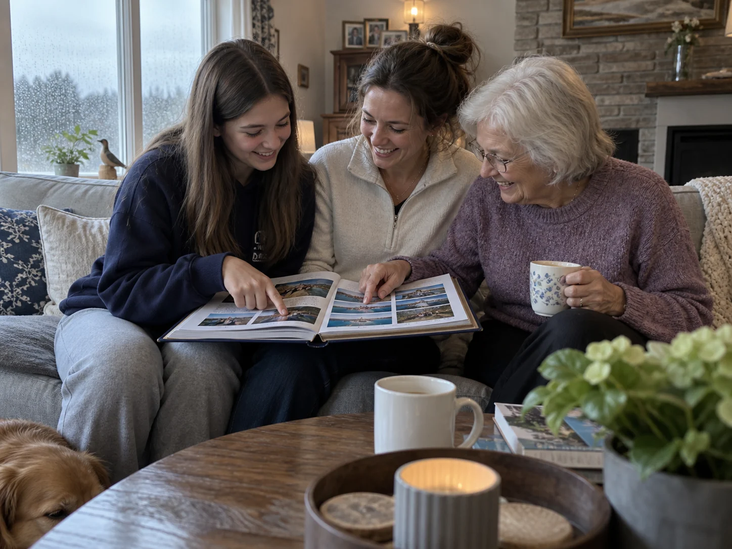Family looking through a cruise photo book together at home