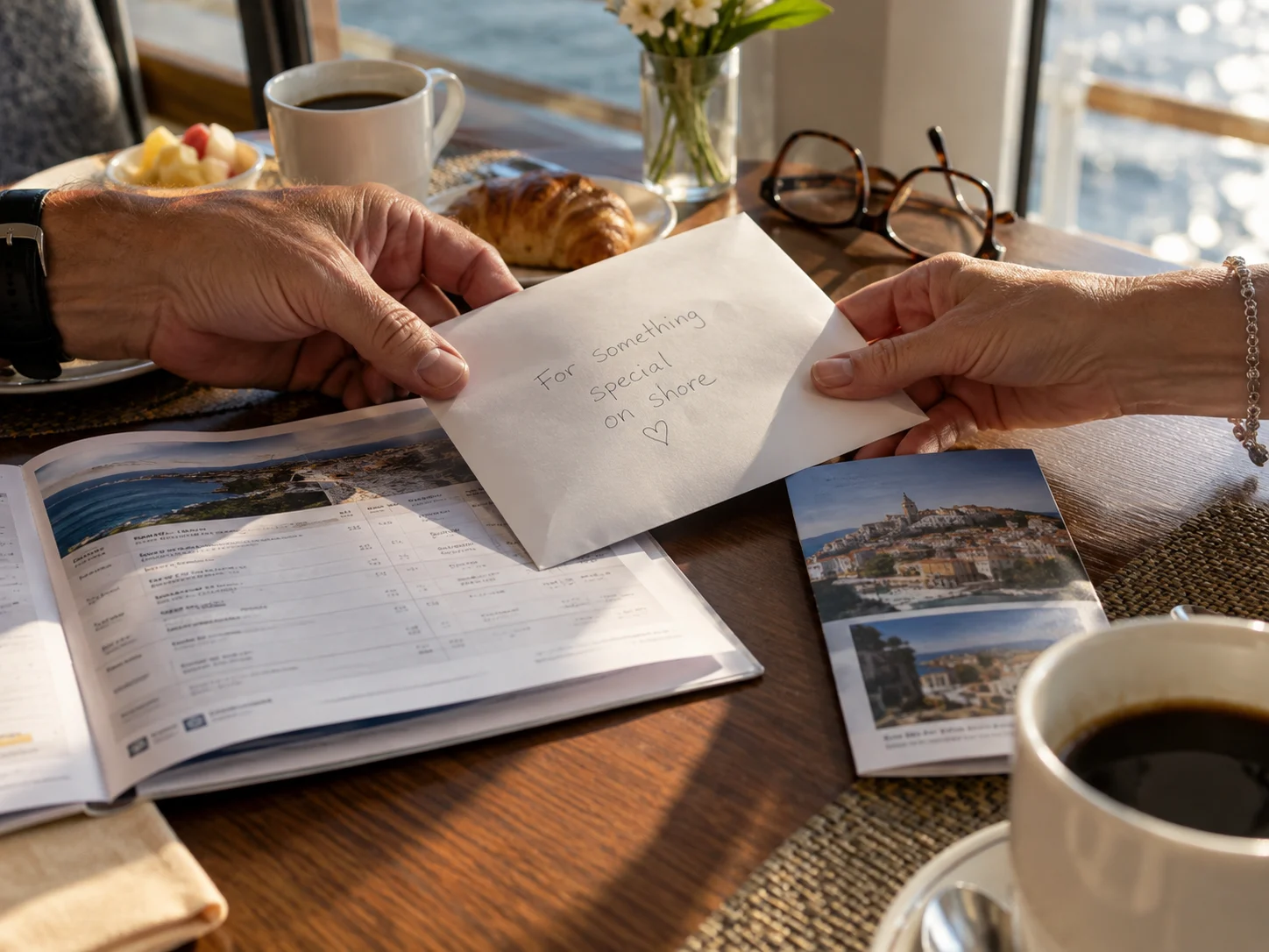 Handwritten gift note and contribution envelope beside a cruise itinerary
