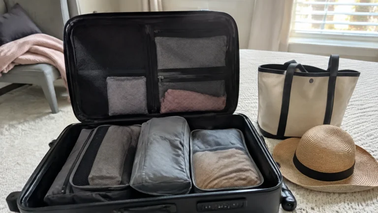 Open suitcase with packing cubes beside a tote bag and straw hat.