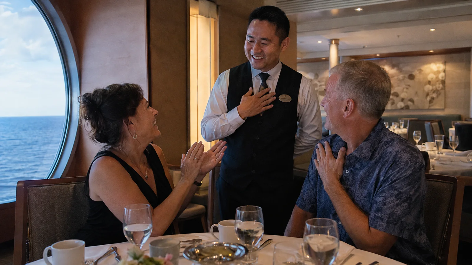 Seated couple chats with a smiling waiter beside an ocean window.