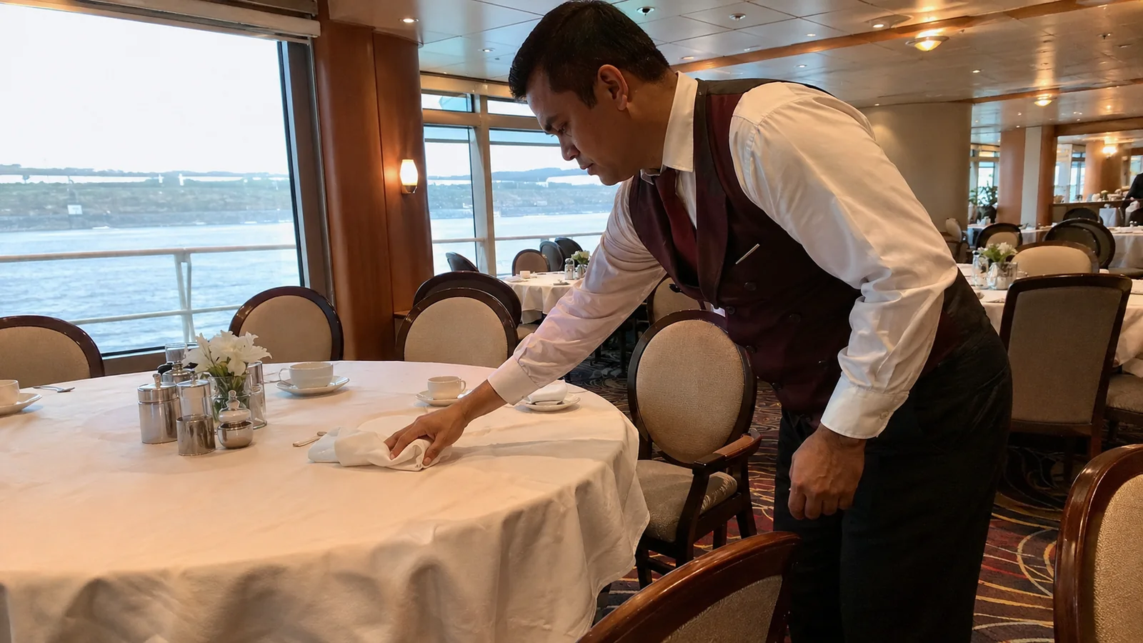 Waiter wipes a round table in a dining room overlooking the water.
