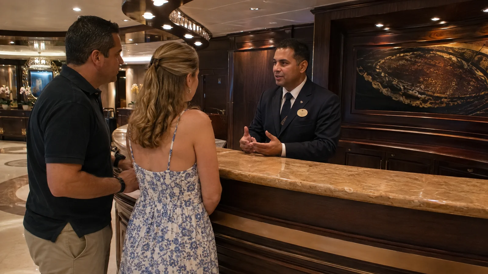 Couple speaks with a uniformed staff member at a wooden reception counter.