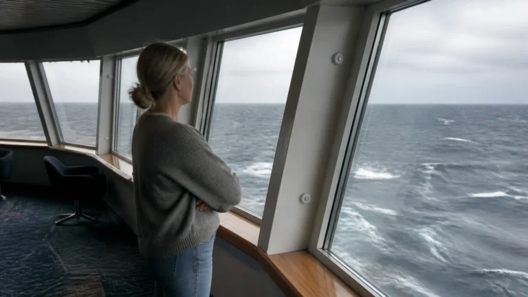 Woman watches choppy water through slanted ship windows.