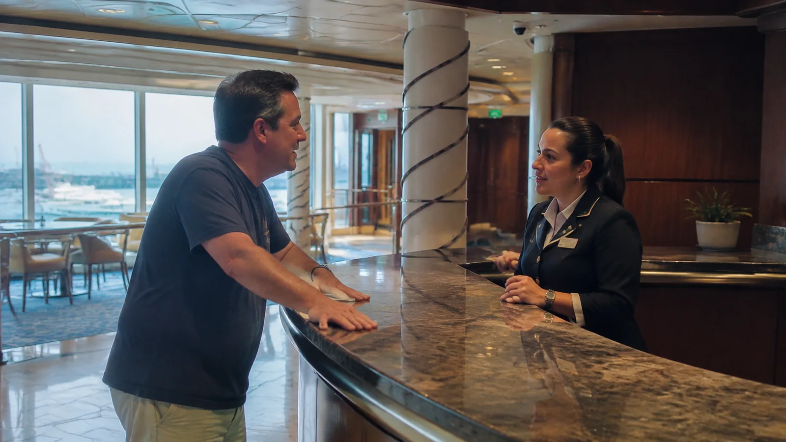 Passenger talks with a uniformed employee at a service counter.
