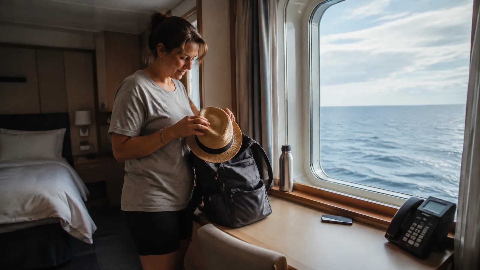 Woman holds a straw hat beside a backpack in a stateroom.