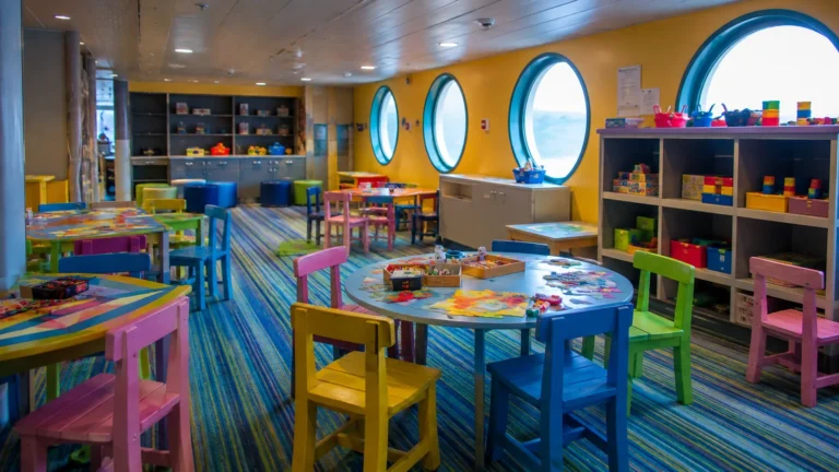 Colorful children's craft room with small tables and round windows.