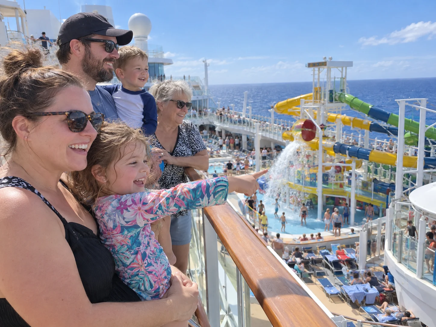Multigenerational family enjoying a busy cruise ship water-play deck.