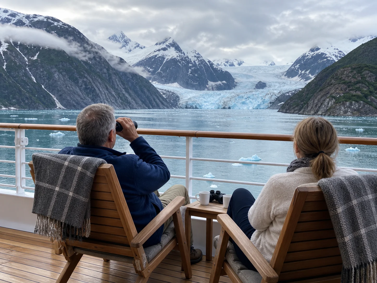 Couple watching a glacier from a quiet teak cruise ship promenade deck.