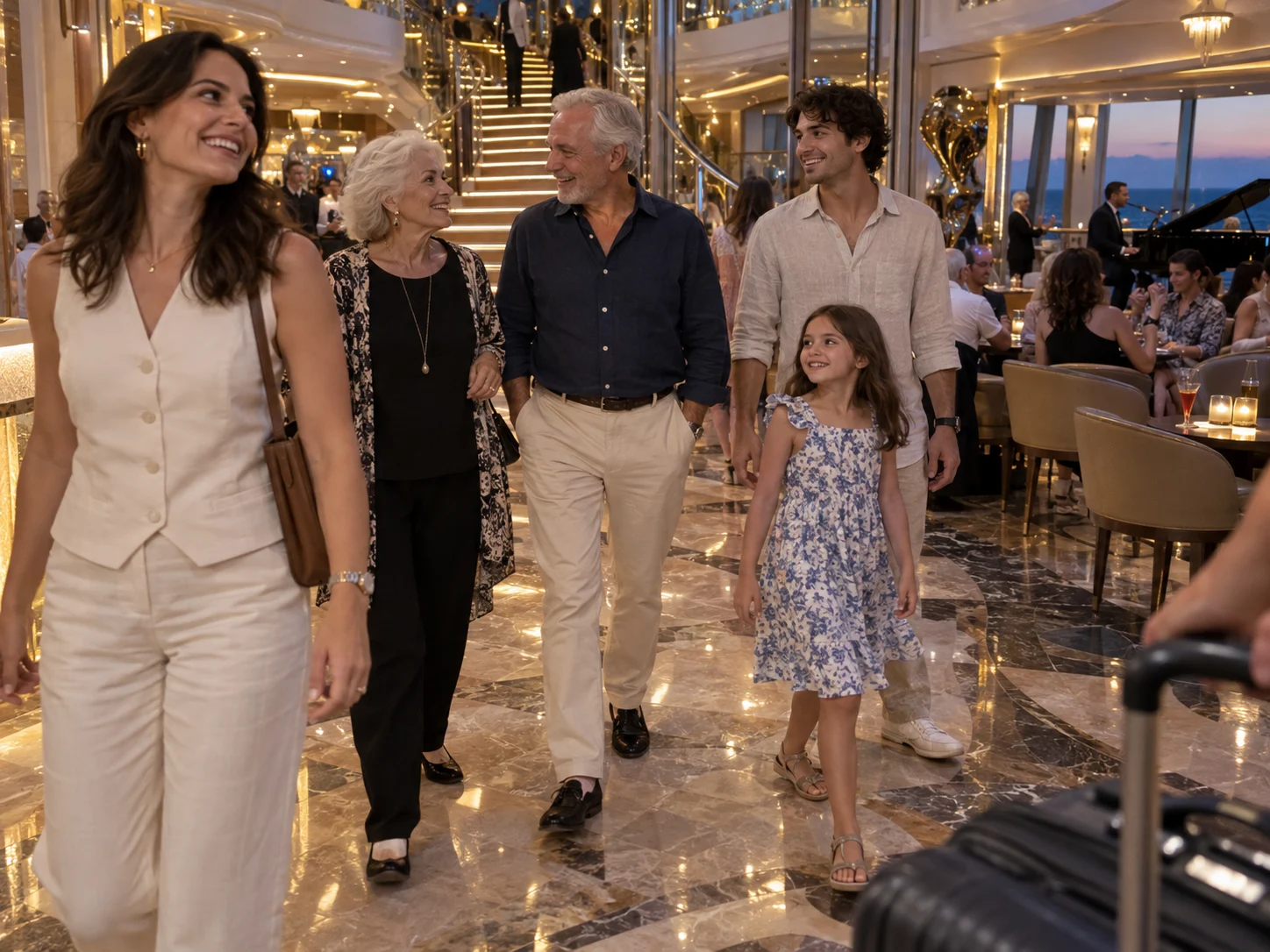 Multigenerational travelers strolling through an elegant indoor cruise promenade.