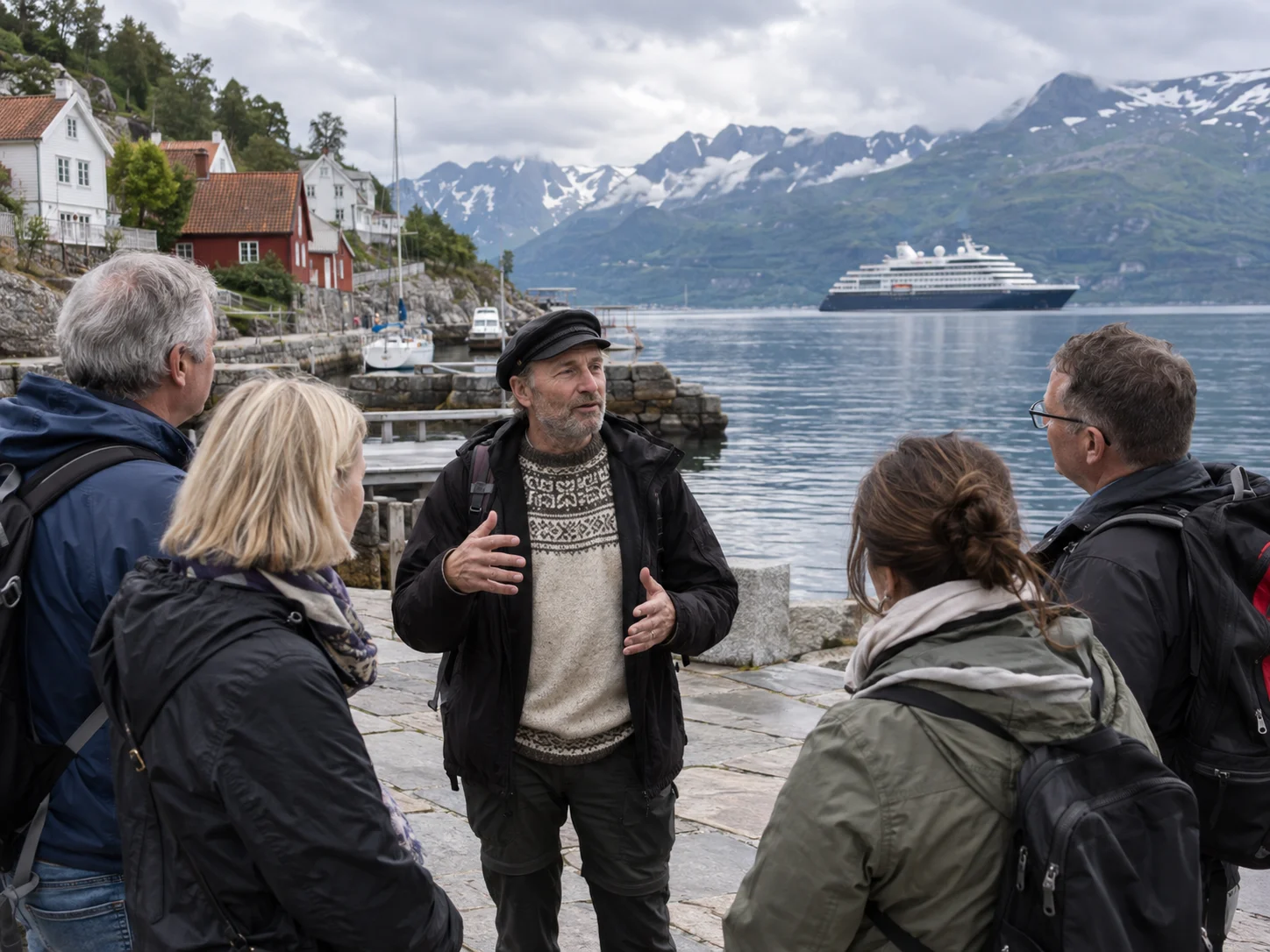 Travelers listening to a local guide beside a Norwegian fjord harbor.