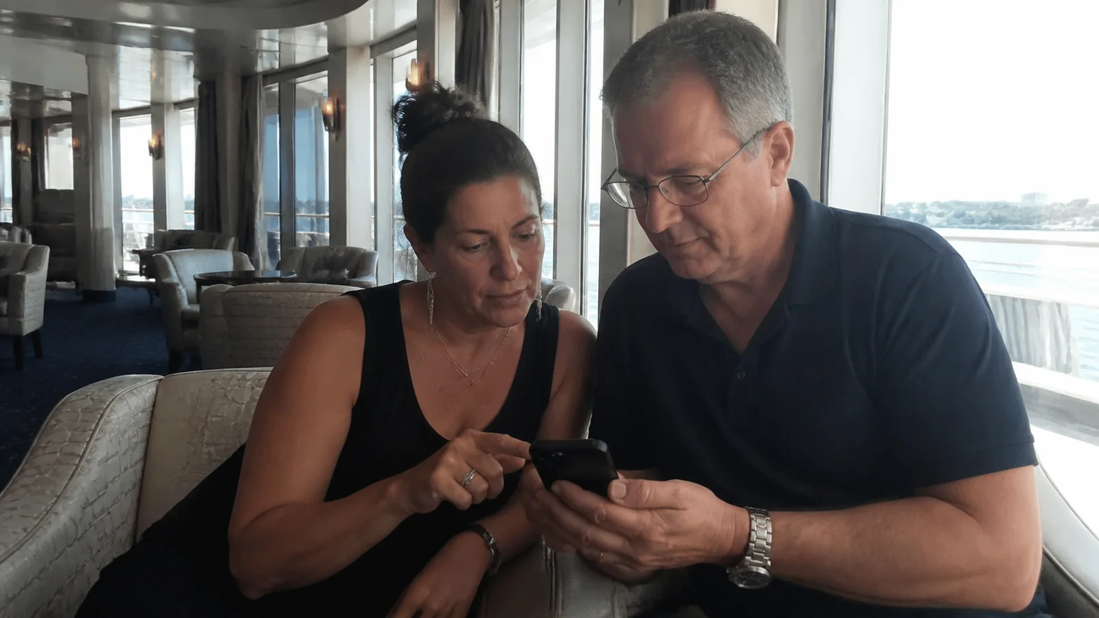 Couple looks at a smartphone together in a ship lounge.
