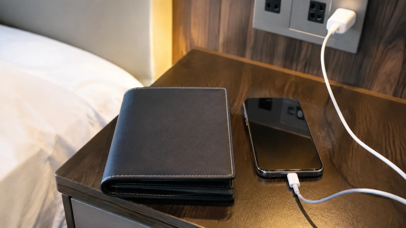 Phone charges beside a dark wallet on a bedside table.