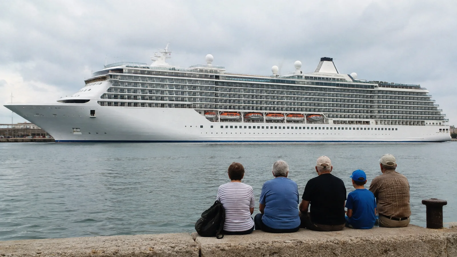 Family seated on a quay watching a large cruise ship across the water.