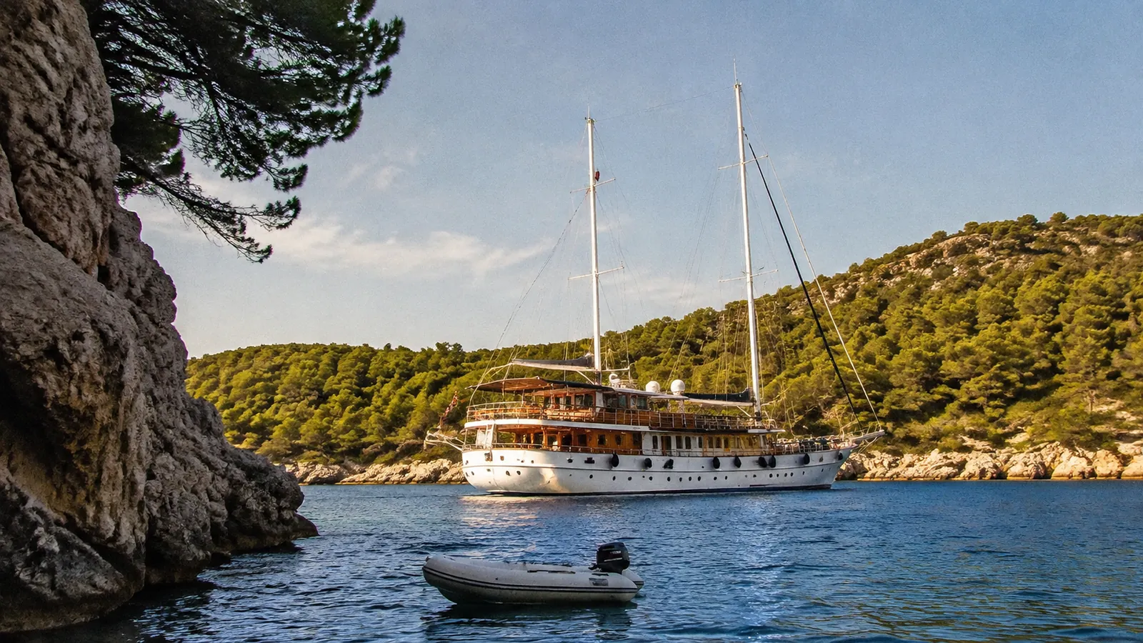 Small sailing cruise vessel anchored in a sheltered rocky bay.