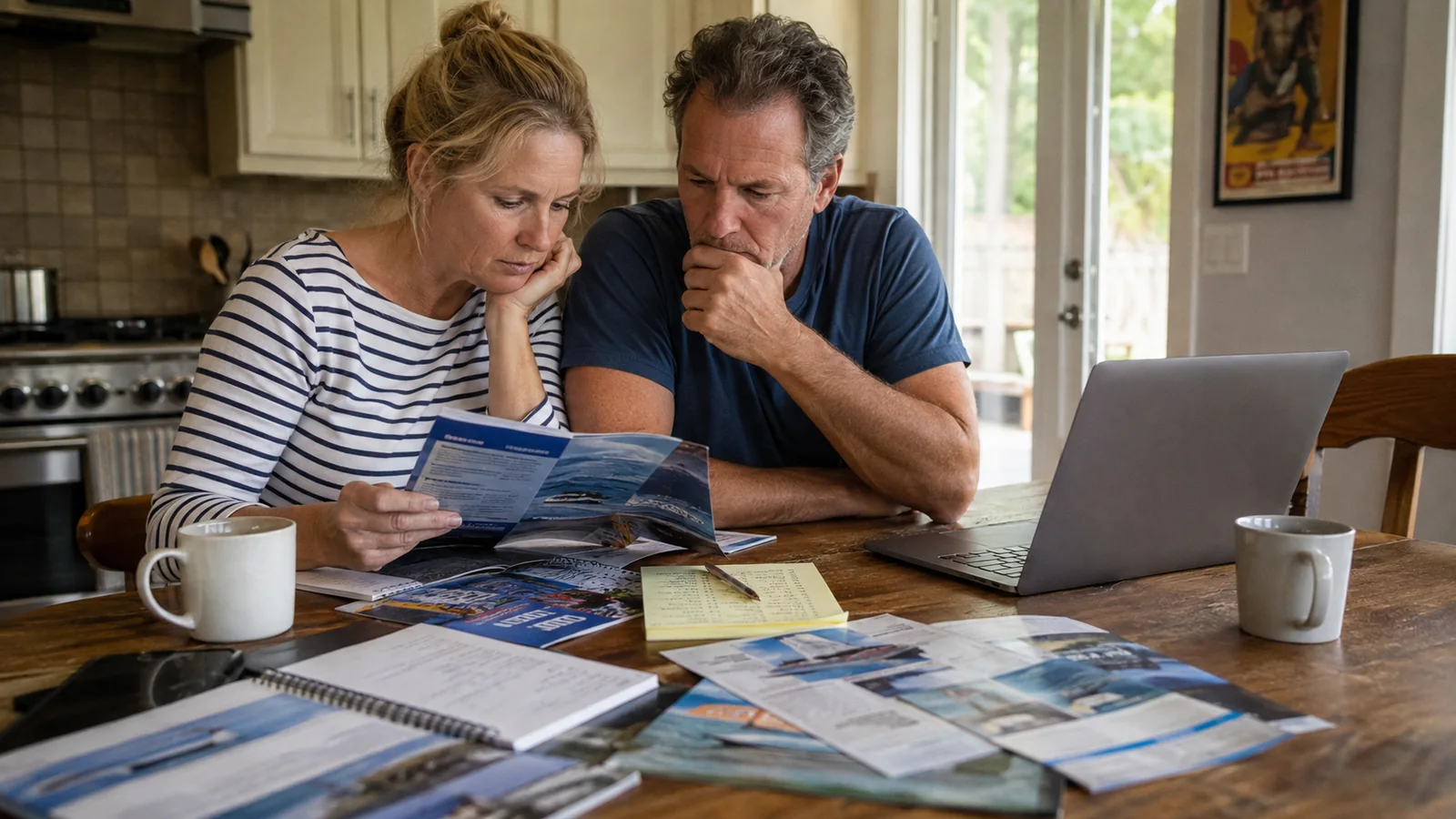 Couple comparing cruise brochures with a laptop at a table.
