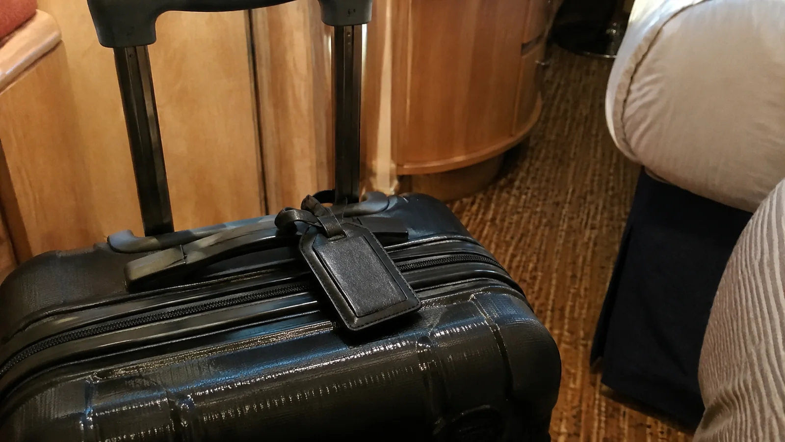 Dark luggage tag hangs from the handle of a hard-shell suitcase.