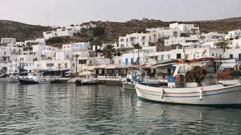 Fishing boats moored below whitewashed hillside houses on a Greek island.