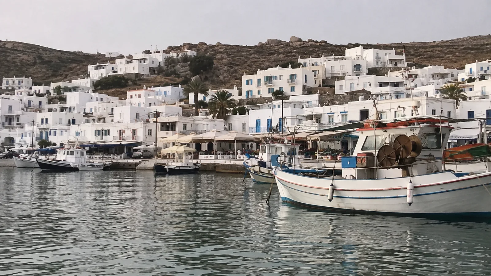Fishing boats moored below whitewashed hillside houses on a Greek island.