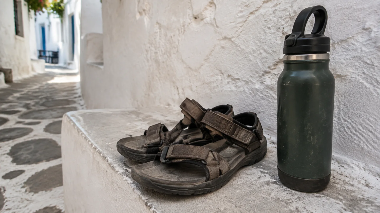 Walking sandals and a reusable water bottle on a stone ledge.