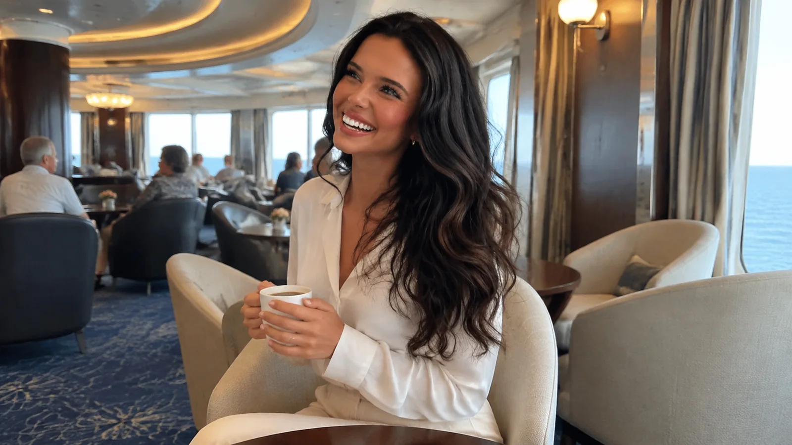 Woman holds a mug while seated in a ship lounge.