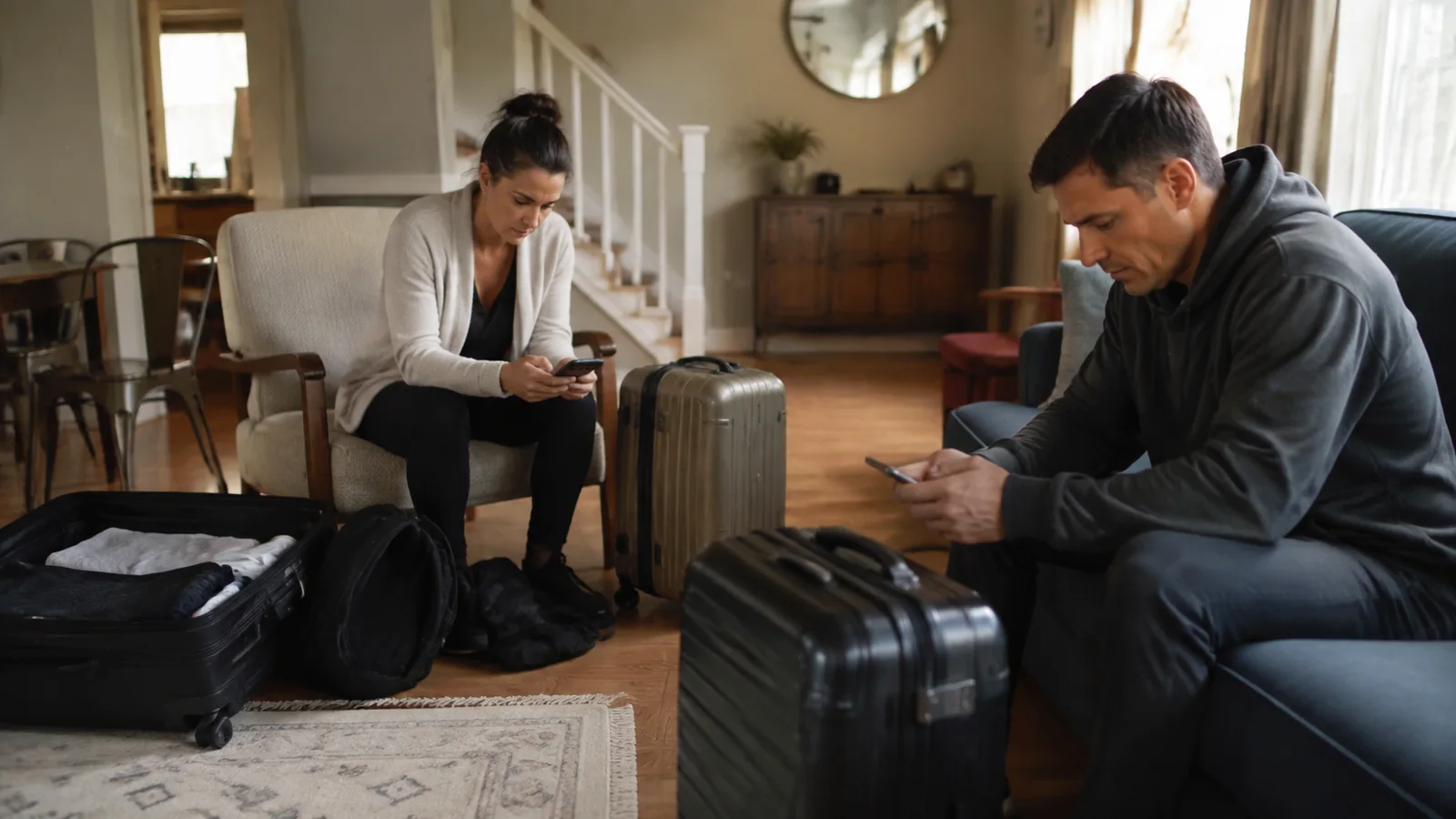 Two travelers check their phones beside packed suitcases in a living room.