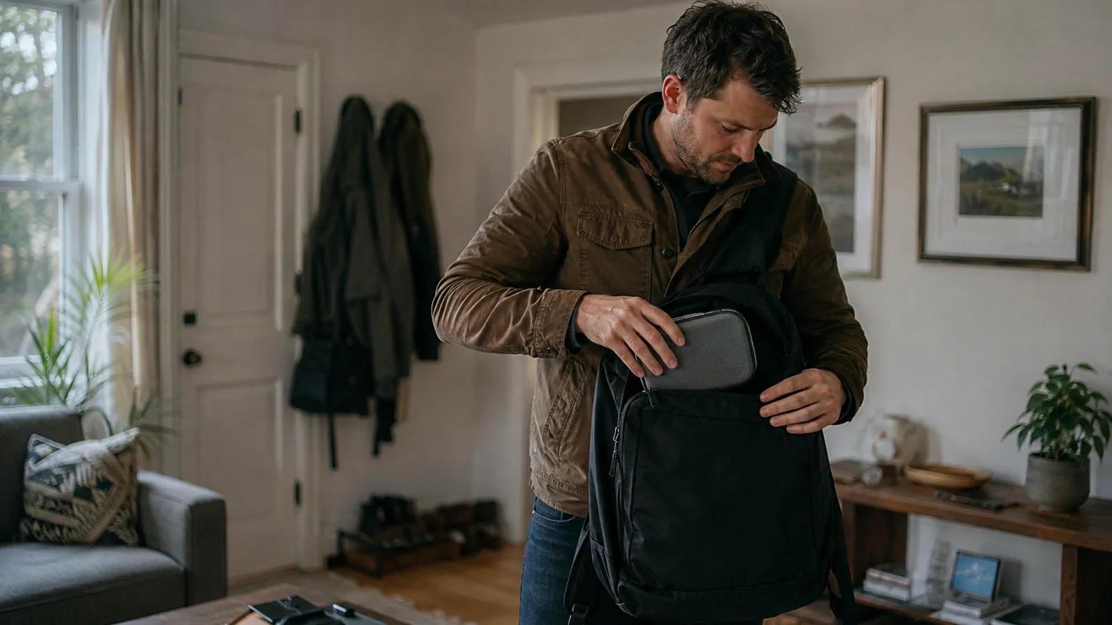 Man places a small gray case into a black backpack at home.