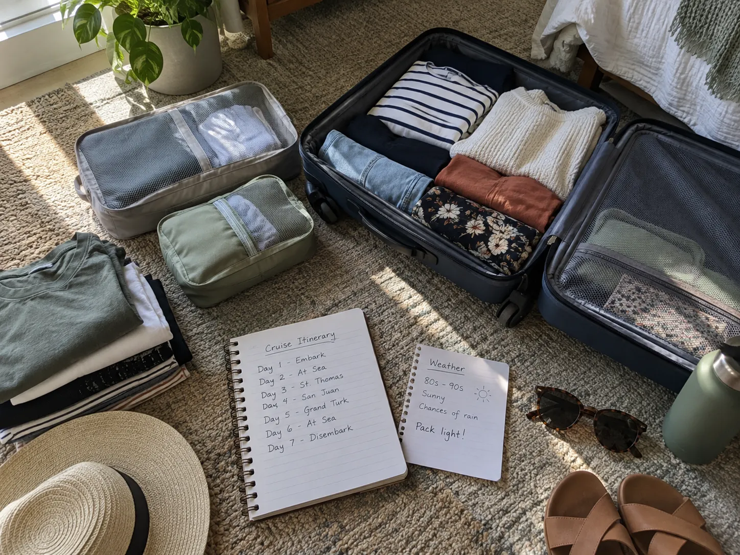 Open suitcase beside a handwritten cruise itinerary, weather notes, and folded clothes on a bedroom floor